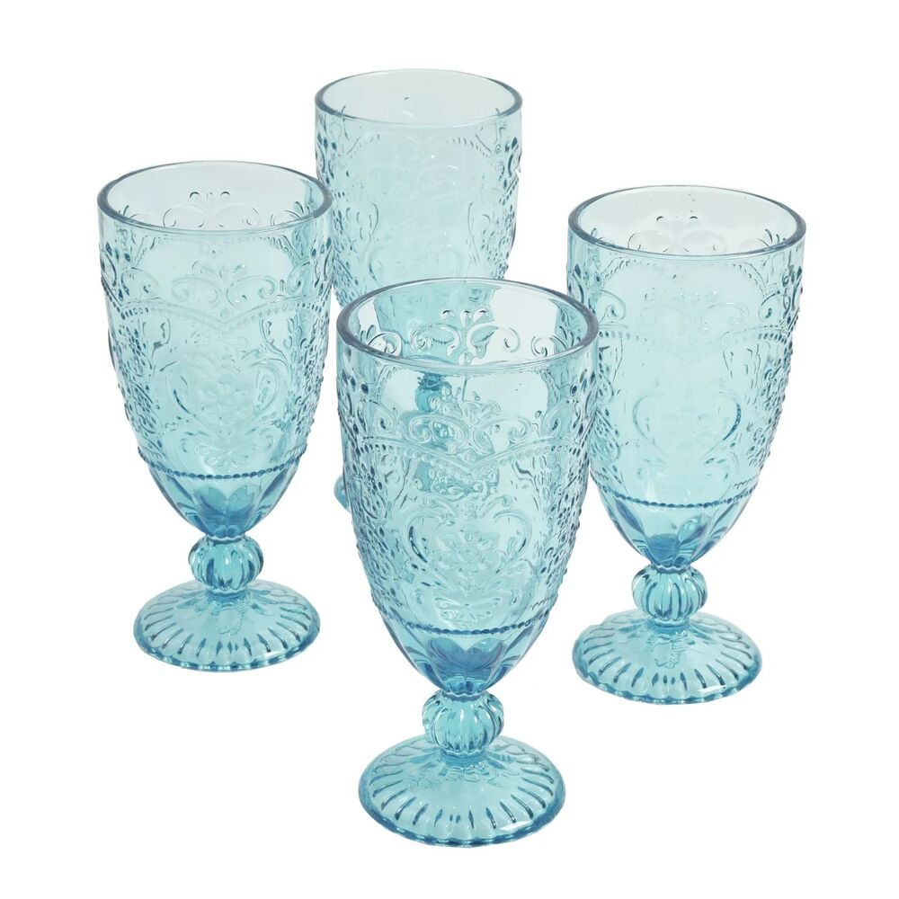 Pioneer Woman Amelia Glass Goblet Set 4pc with Embossed Design Teal 14.7oz New